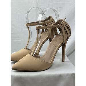 Strappy T‑Bar Pointed Toe Heels in Nude